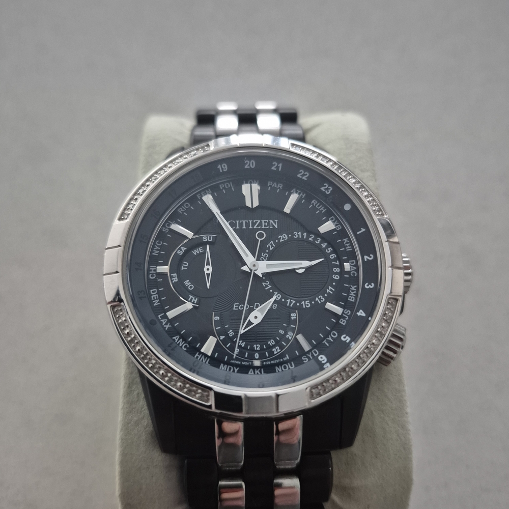 BU2088-50E Citizen Eco Drive Black/Silver 44mm Watch With Real Diamond Bezel